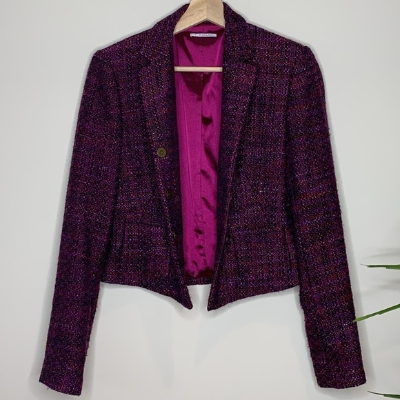 T Tahari || Purple Black Knobby Tweed Slight Crop Tailored Blazer Jacket 6 - Picture 3 of 17